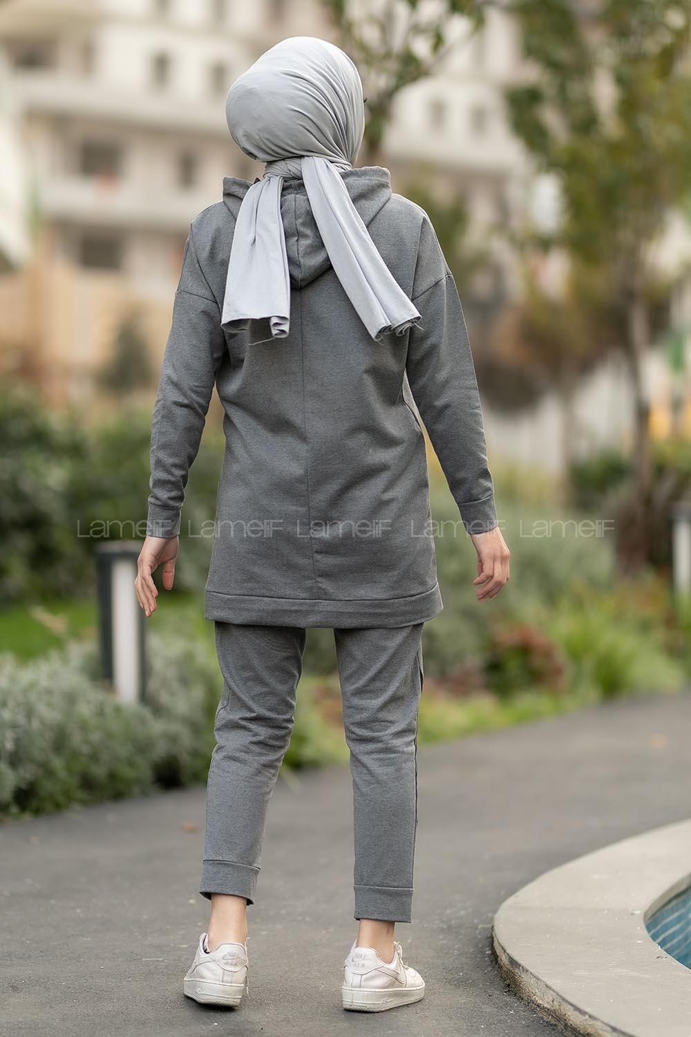 Modalamelif Kapüşonlu Etek Ucu Fosfor Detaylı Takım Gri