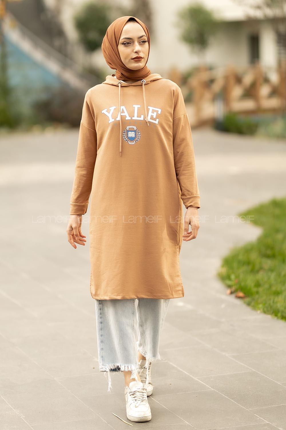 Modalamelif Kapüşonlu Yale Yazı Baskılı Yırtmaçlı Tunik Sütlü Kahve