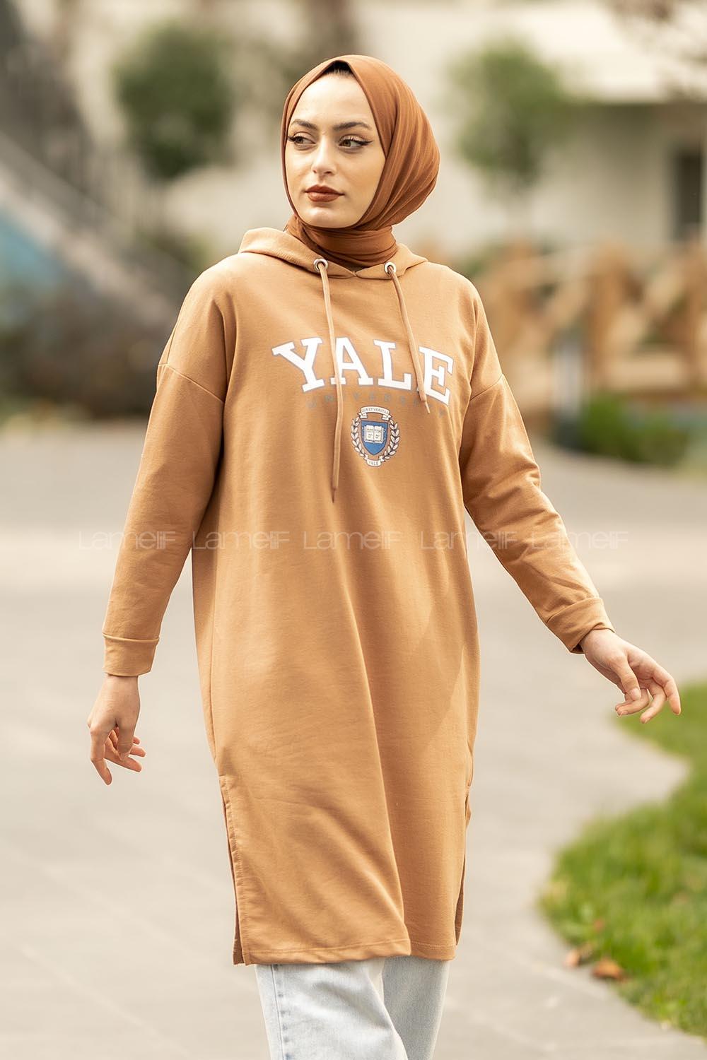 Modalamelif Kapüşonlu Yale Yazı Baskılı Yırtmaçlı Tunik Sütlü Kahve