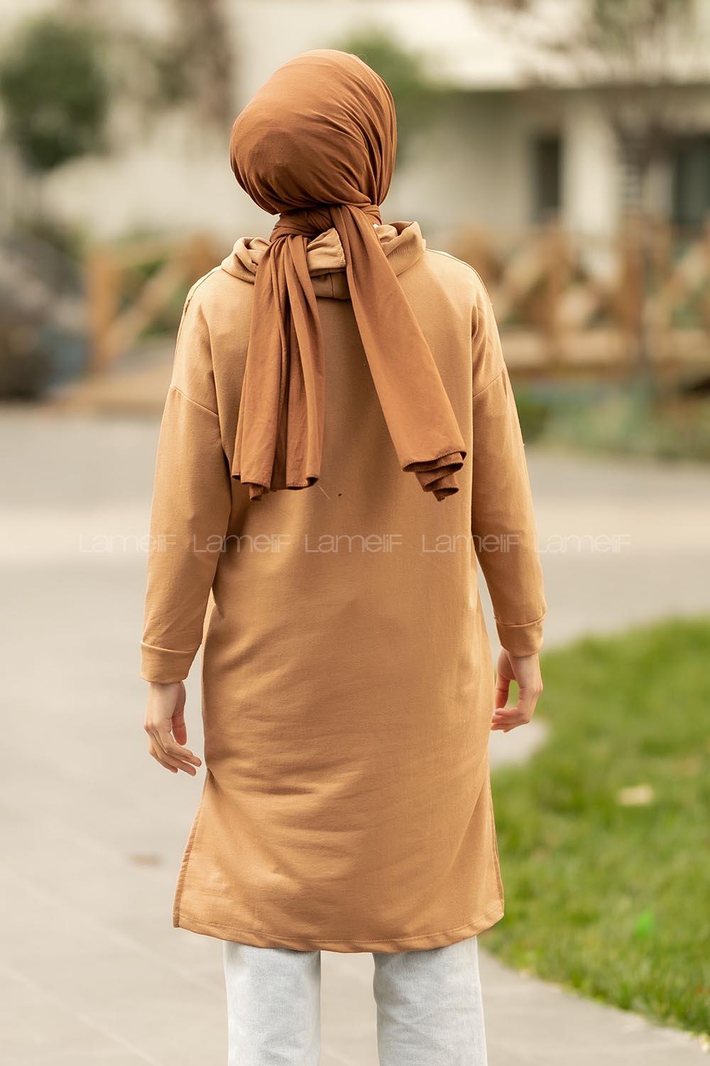 Modalamelif Kapüşonlu Yale Yazı Baskılı Yırtmaçlı Tunik Sütlü Kahve
