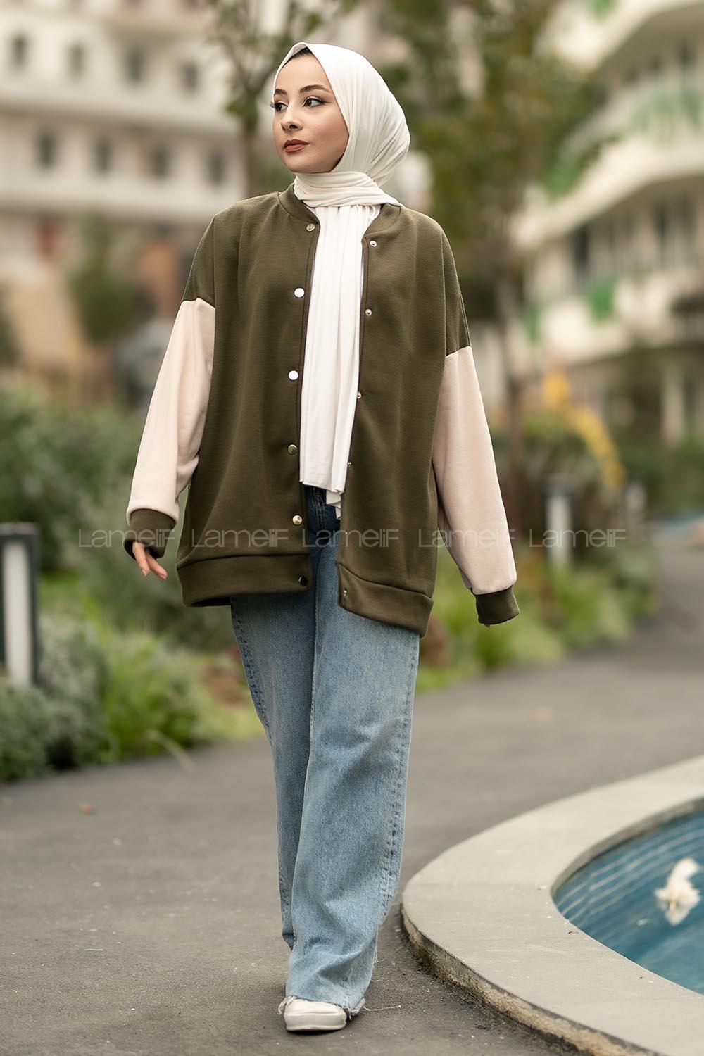 Modalamelif Kol Renk Garnili Çıtçıt Düğmeli Çift Cepli Kolej Hırka Haki