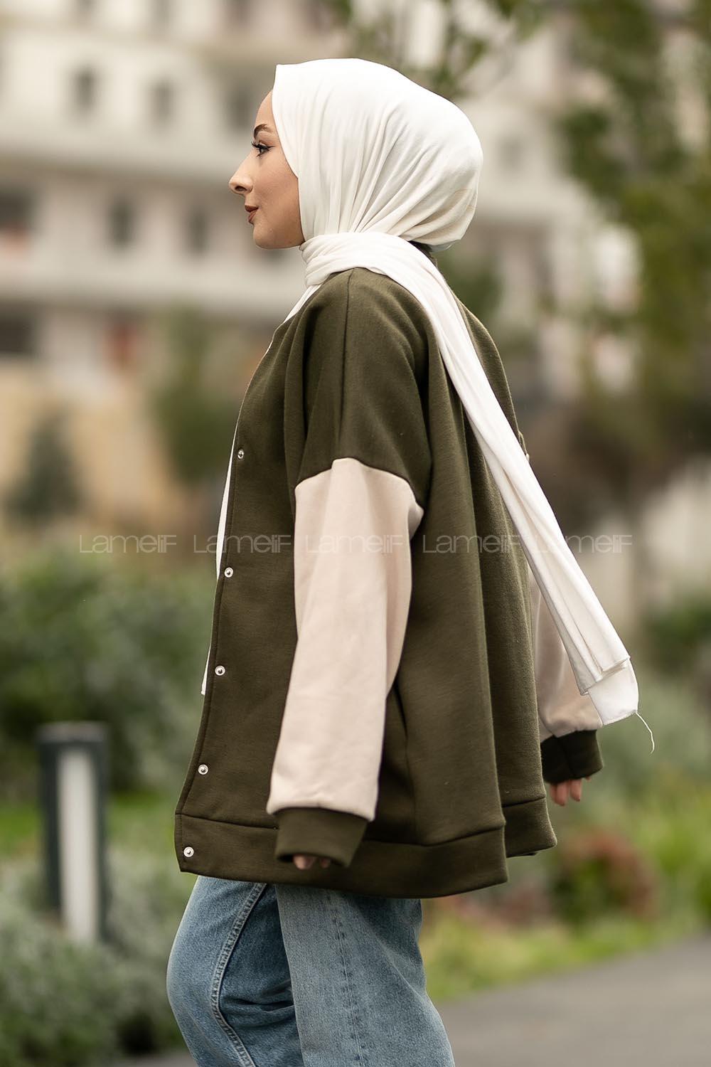 Modalamelif Kol Renk Garnili Çıtçıt Düğmeli Çift Cepli Kolej Hırka Haki