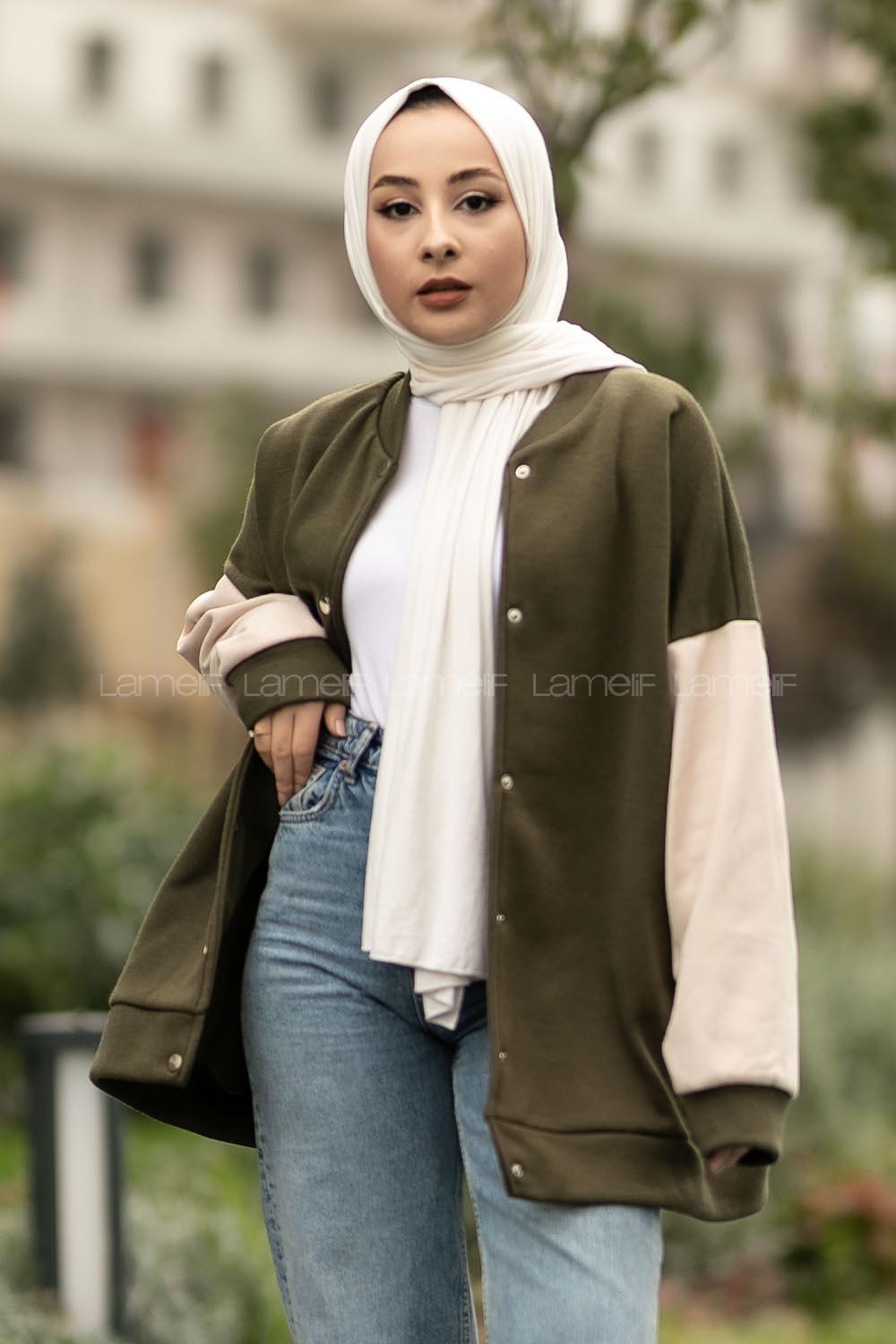 Modalamelif Kol Renk Garnili Çıtçıt Düğmeli Çift Cepli Kolej Hırka Haki