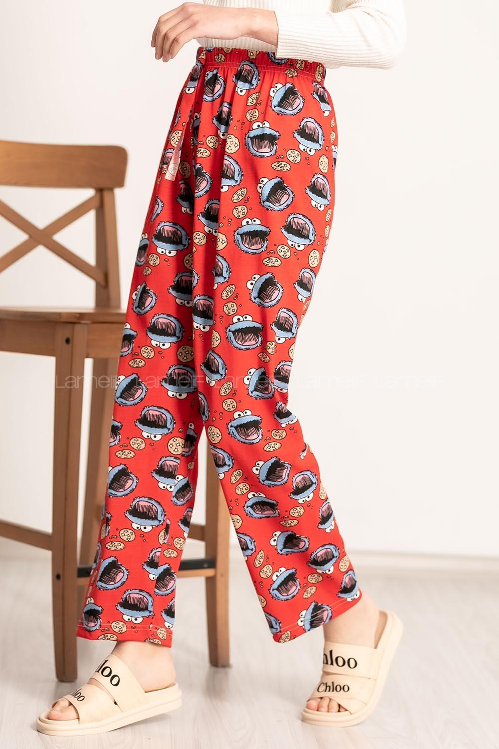 Modalamelif Kurabiye Canavarı Baskı Desenli Beli Lastikli Pijama Kırmızı