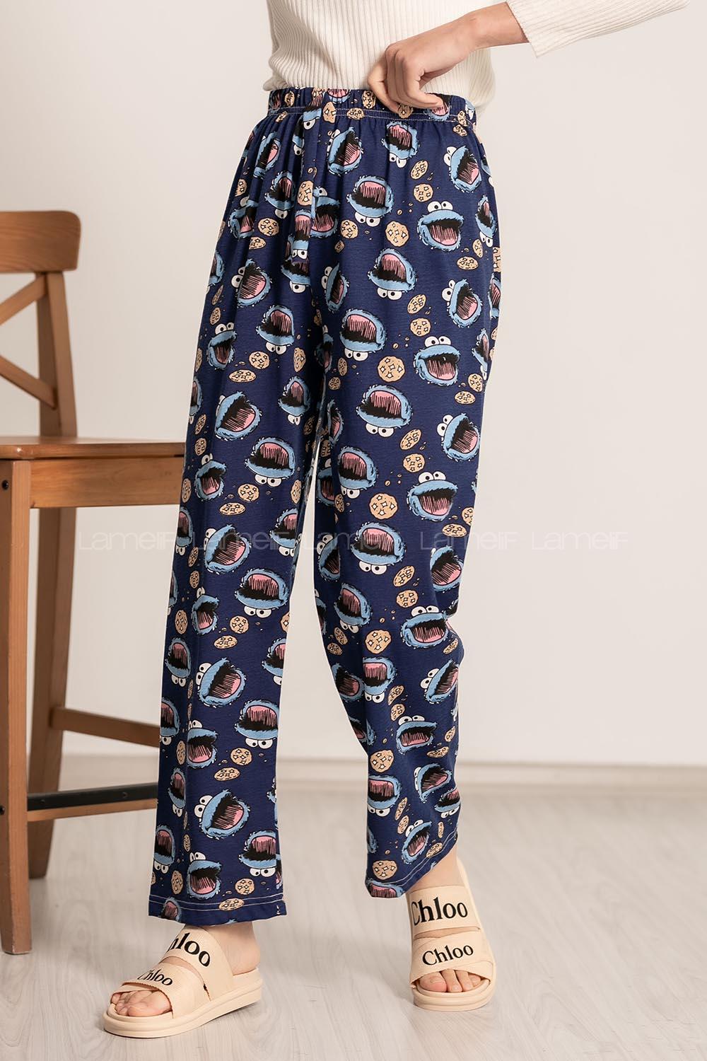 Modalamelif  Baskı Desenli Beli Lastikli Pijama Lacivert