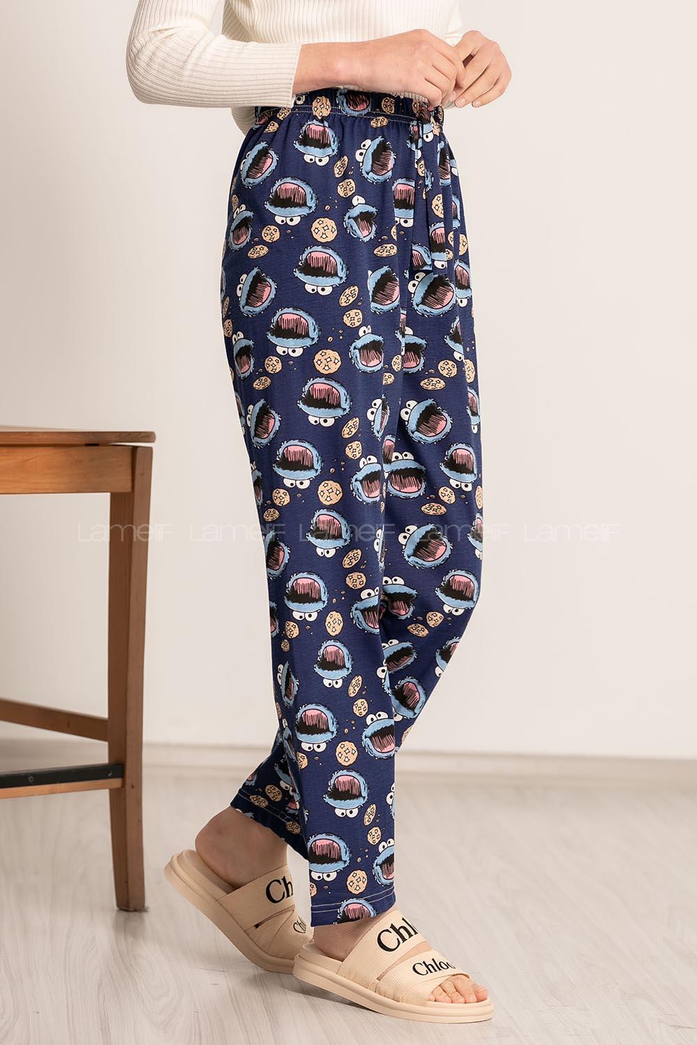 Modalamelif  Baskı Desenli Beli Lastikli Pijama Lacivert