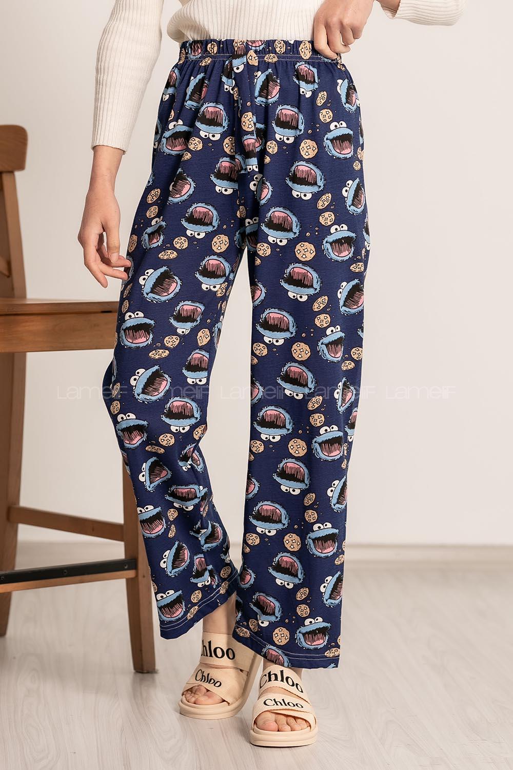 Modalamelif  Baskı Desenli Beli Lastikli Pijama Lacivert