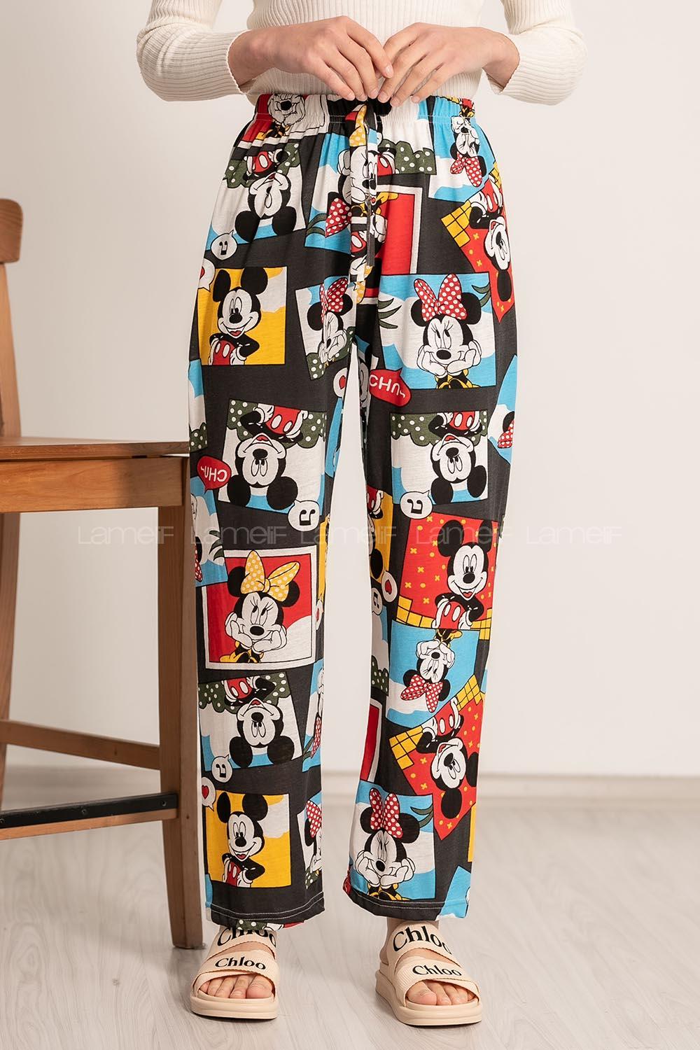 Modalamelif Mickey Mouse Baskı Desenli Beli Lastikli Pijama Siyah