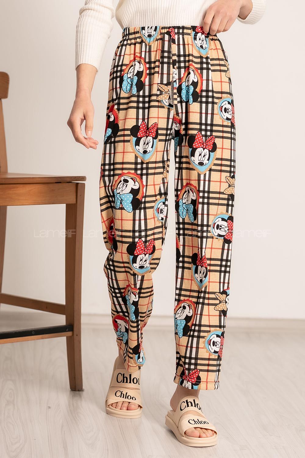 Modalamelif Mickey Mouse Baskı Desenli Beli Lastikli Pijama Sütlü Kahve