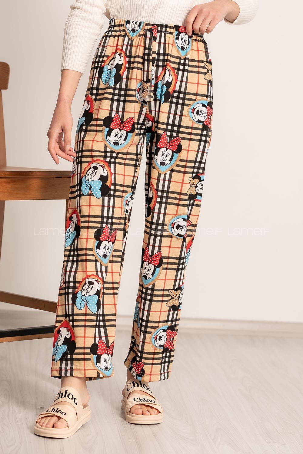 Modalamelif Mickey Mouse Baskı Desenli Beli Lastikli Pijama Sütlü Kahve