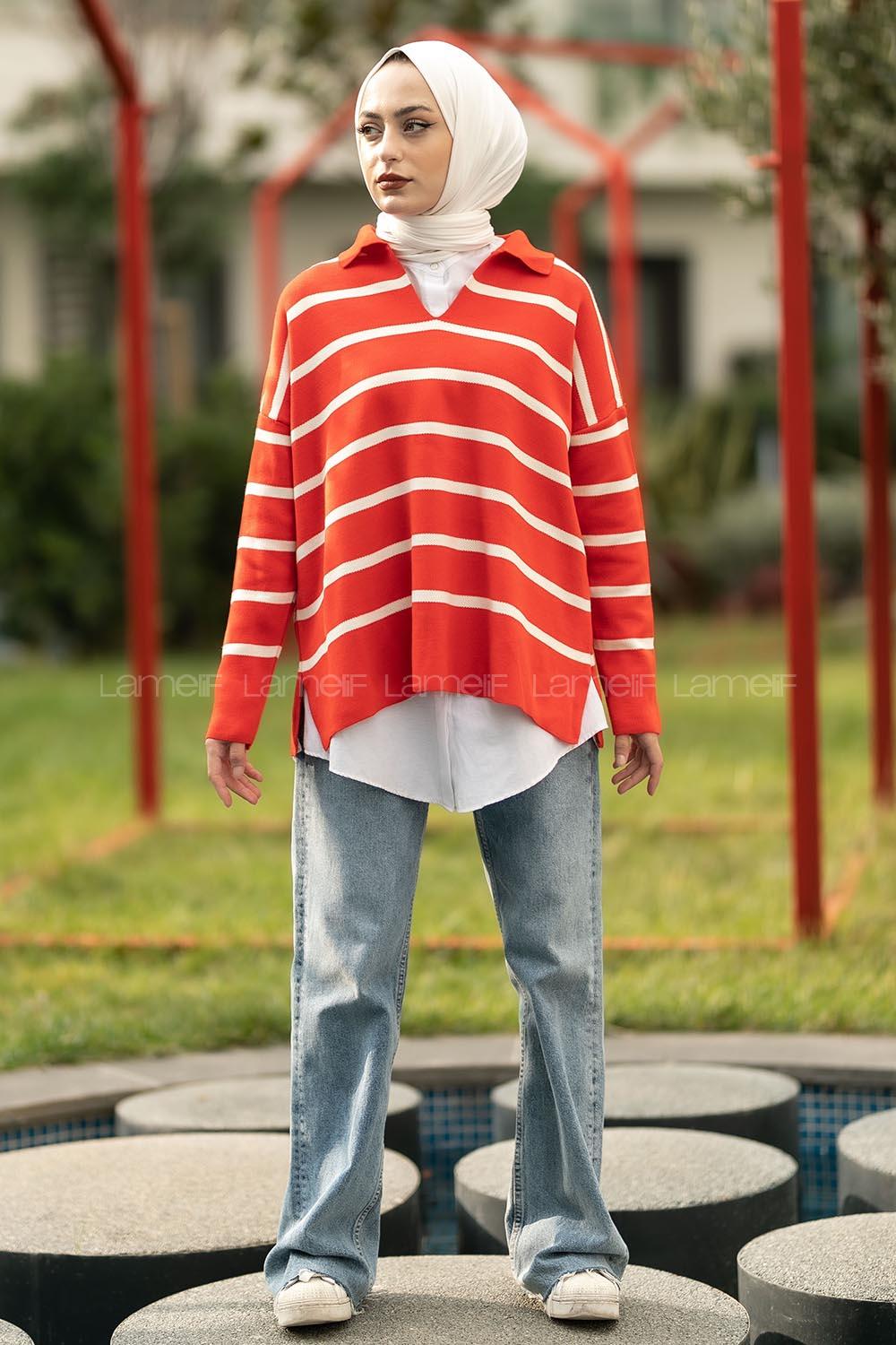 Modalamelif Polo Yaka Yırtmaç Detaylı Çizgi Desenli Kazak Kırmızı