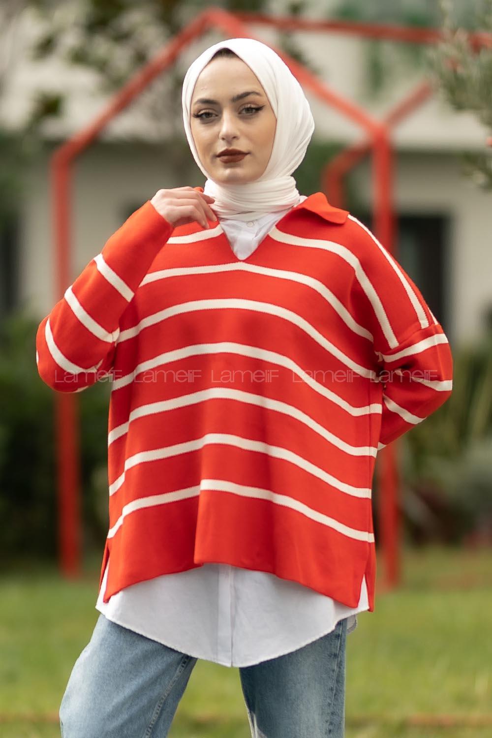 Modalamelif Polo Yaka Yırtmaç Detaylı Çizgi Desenli Kazak Kırmızı