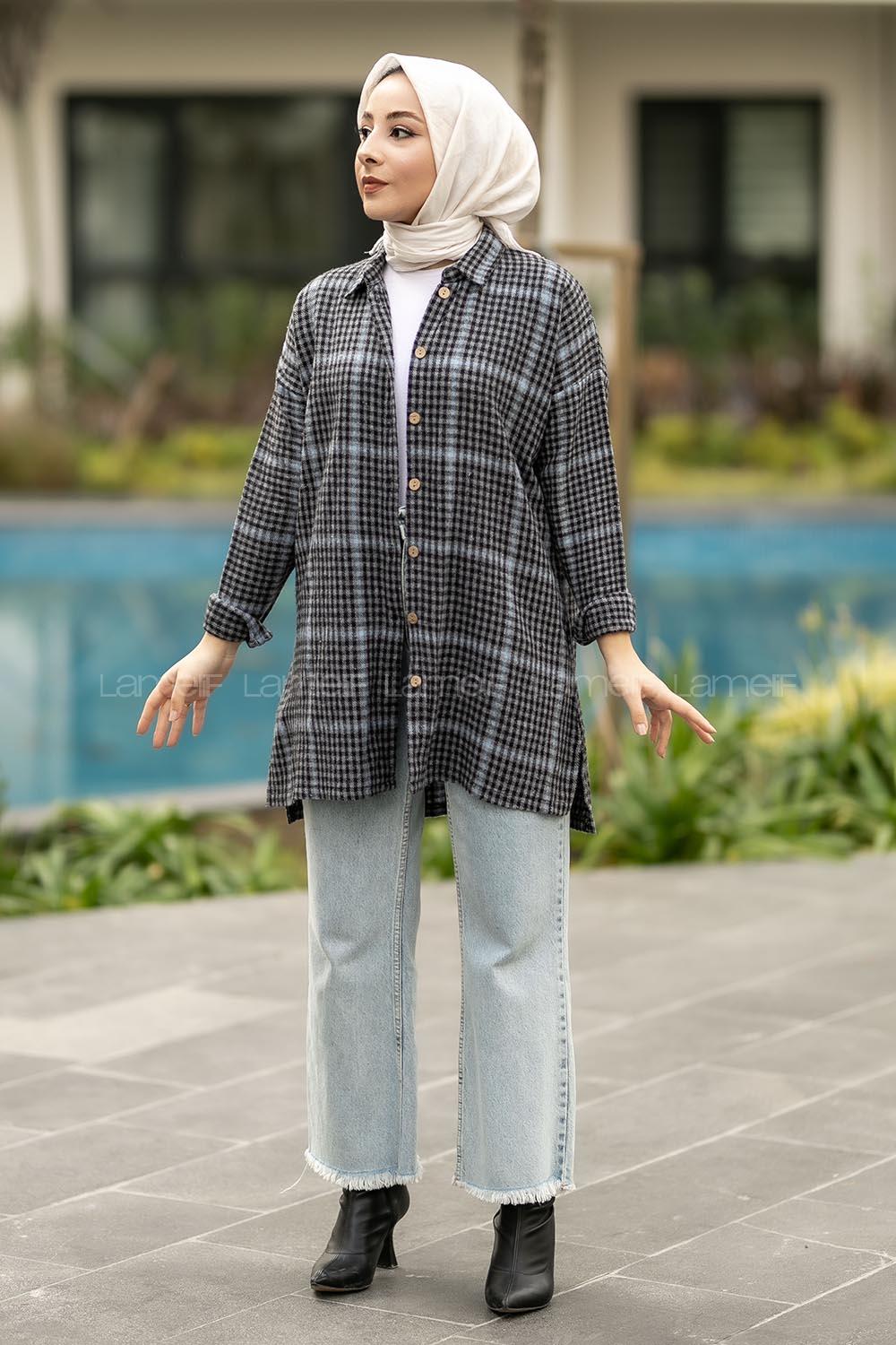 Modalamelif Pötikare Desenli Gömlek Tunik Antrasit-Mavi