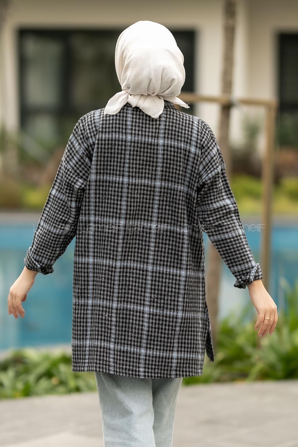 Modalamelif Pötikare Desenli Gömlek Tunik Antrasit-Mavi