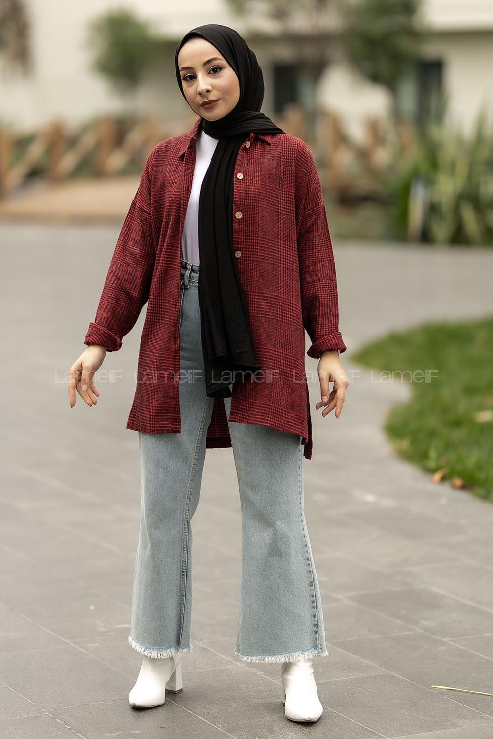 Modalamelif Pötikare Desenli Gömlek Tunik Kırmızı