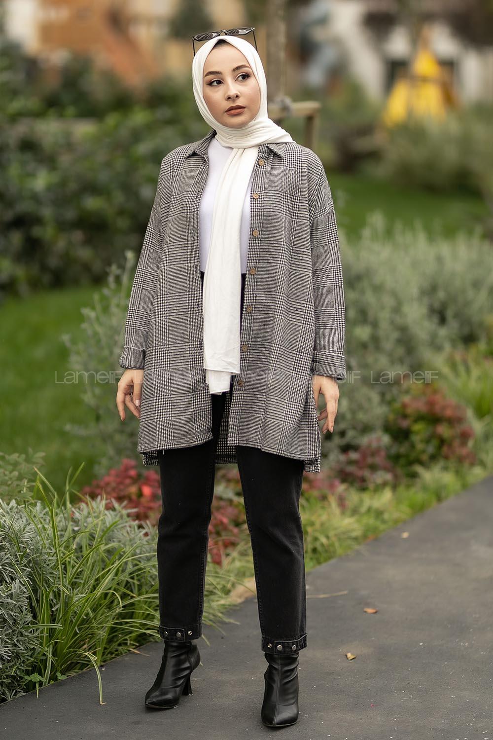 Modalamelif Pötikare Desenli Gömlek Tunik Siyah-Ekru