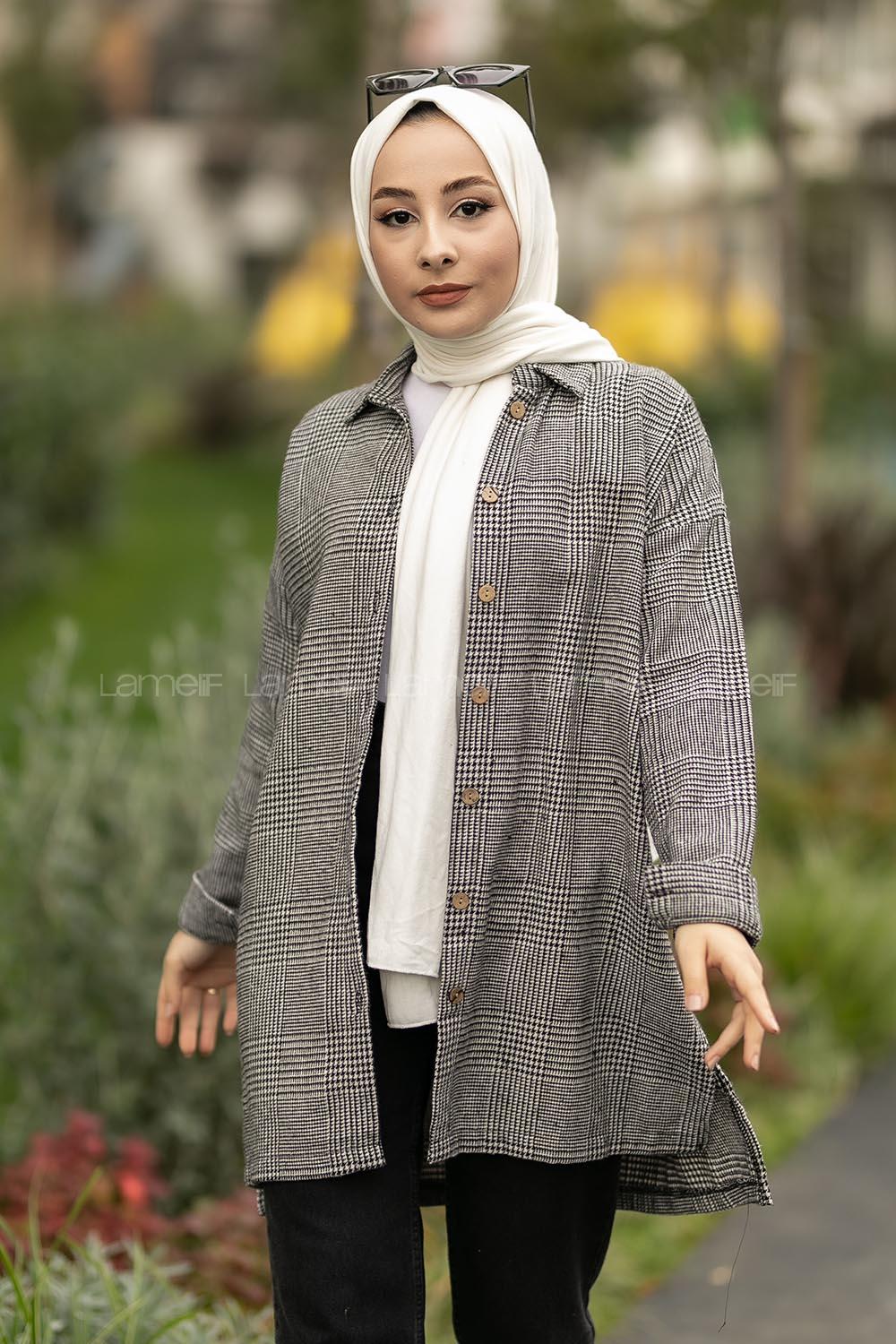 Modalamelif Pötikare Desenli Gömlek Tunik Siyah-Ekru