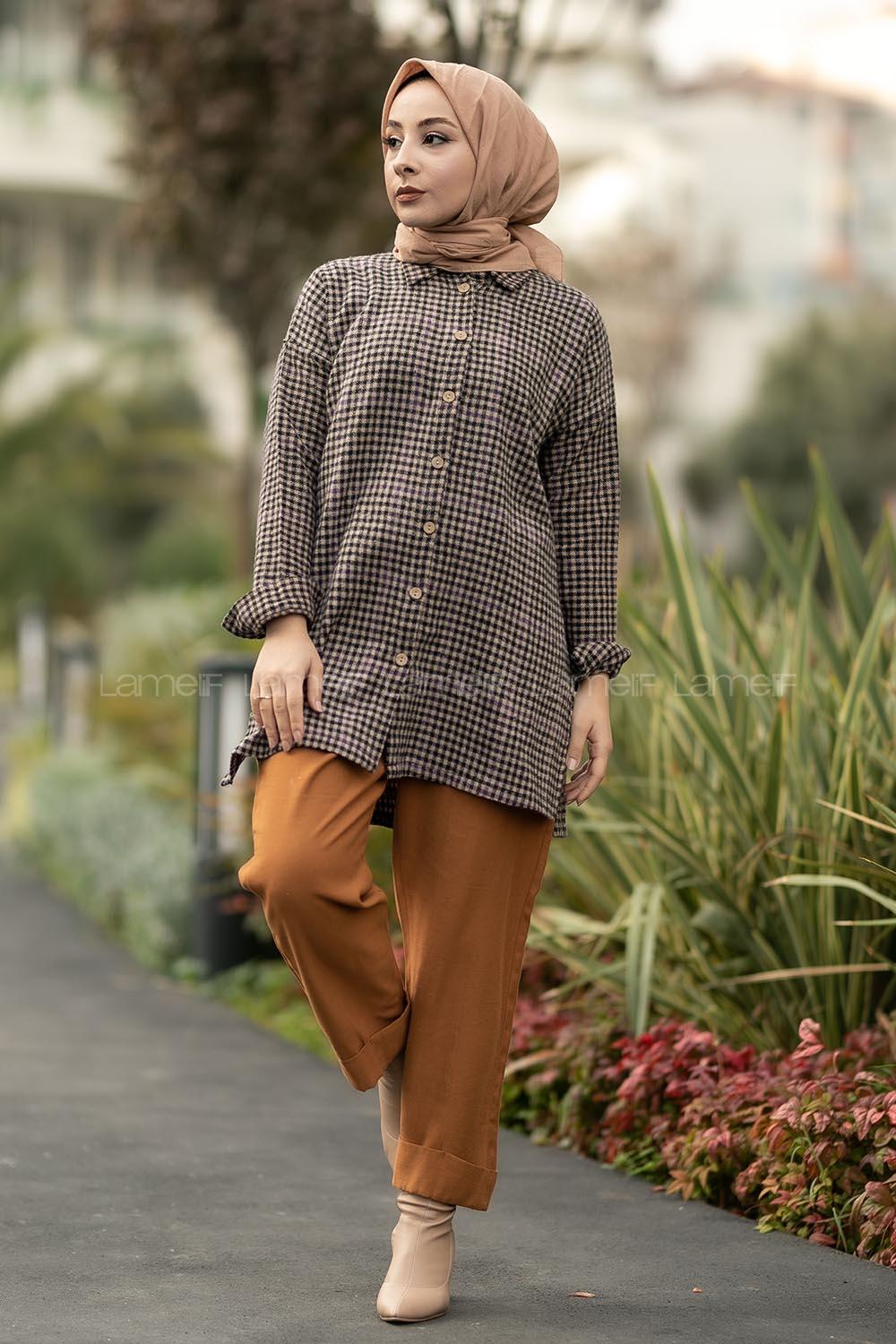 Modalamelif Pötikare Desenli Gömlek Tunik Sütlükahve