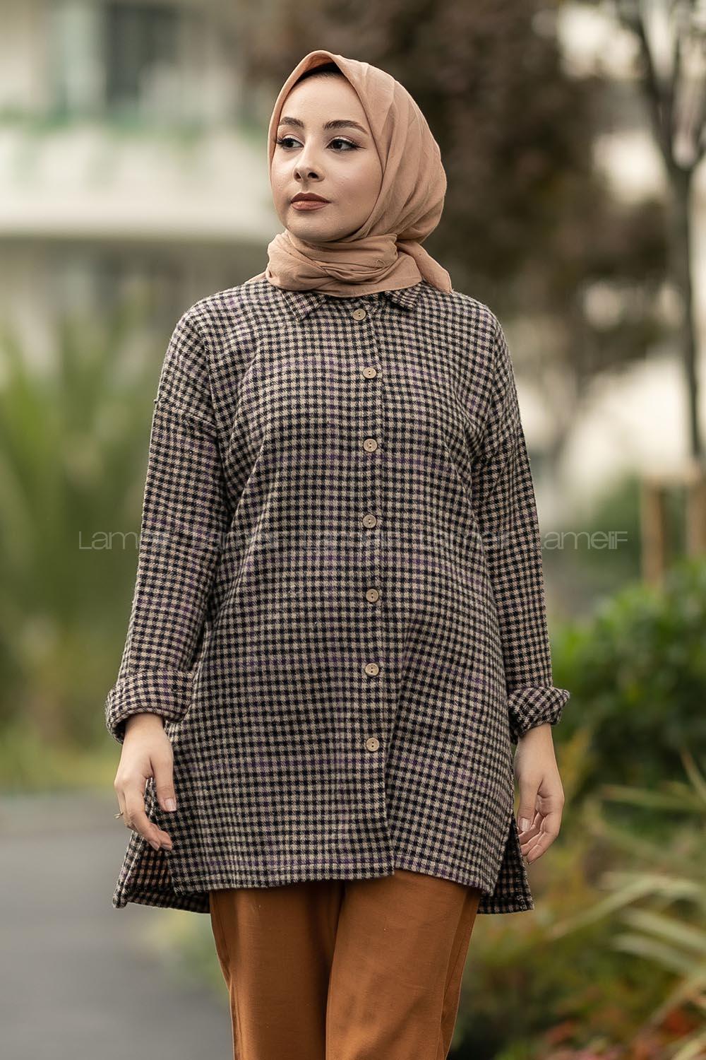 Modalamelif Pötikare Desenli Gömlek Tunik Sütlükahve