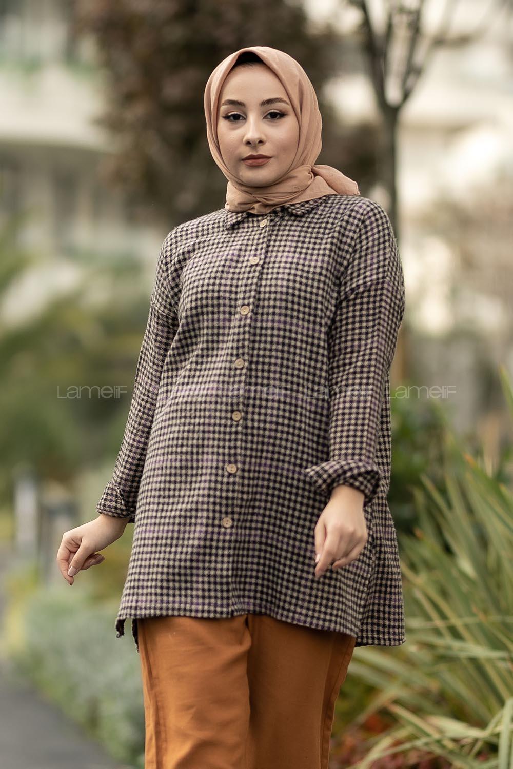 Modalamelif Pötikare Desenli Gömlek Tunik Sütlükahve