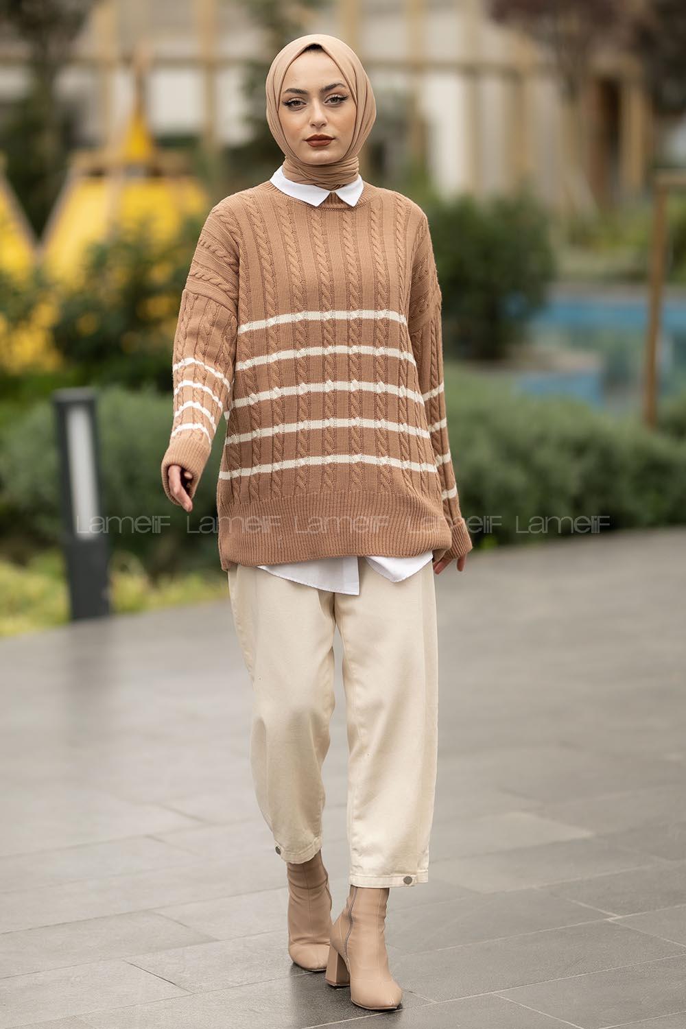 Modalamelif Saç Örgülü Çizgi Desenli Kazak Camel