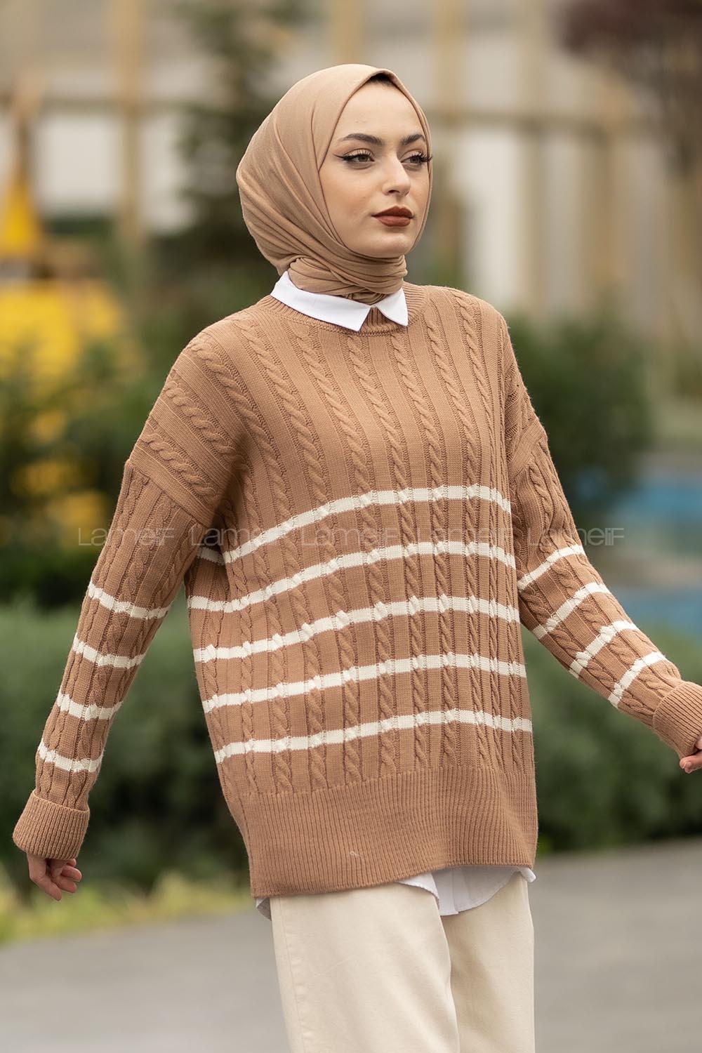 Modalamelif Saç Örgülü Çizgi Desenli Kazak Camel