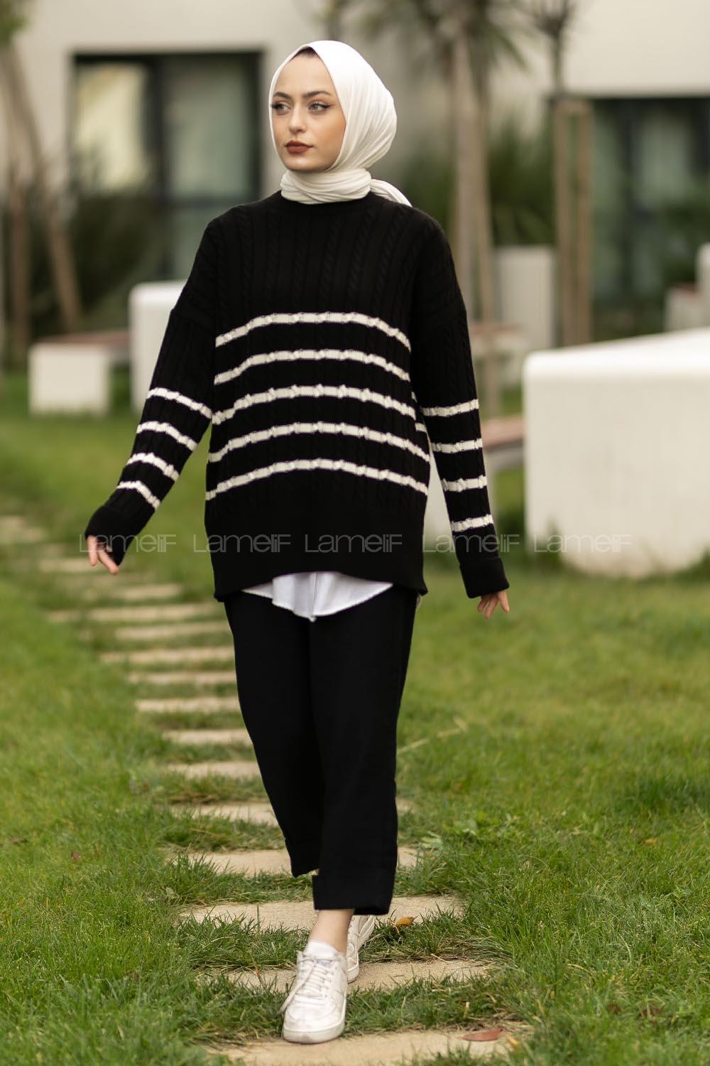 Modalamelif Saç Örgülü Çizgi Desenli Kazak Siyah