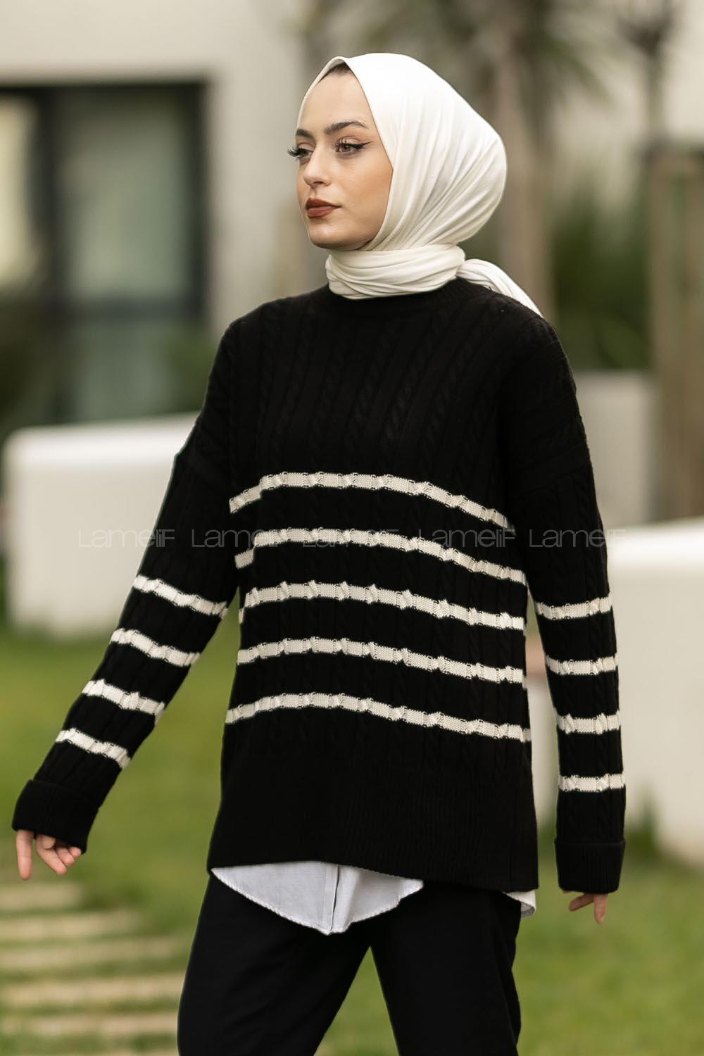 Modalamelif Saç Örgülü Çizgi Desenli Kazak Siyah