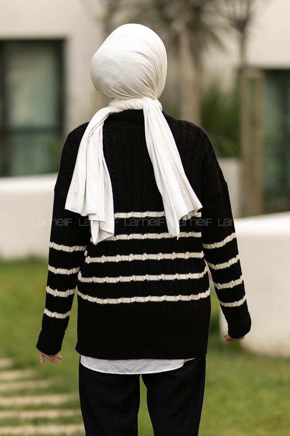 Modalamelif Saç Örgülü Çizgi Desenli Kazak Siyah