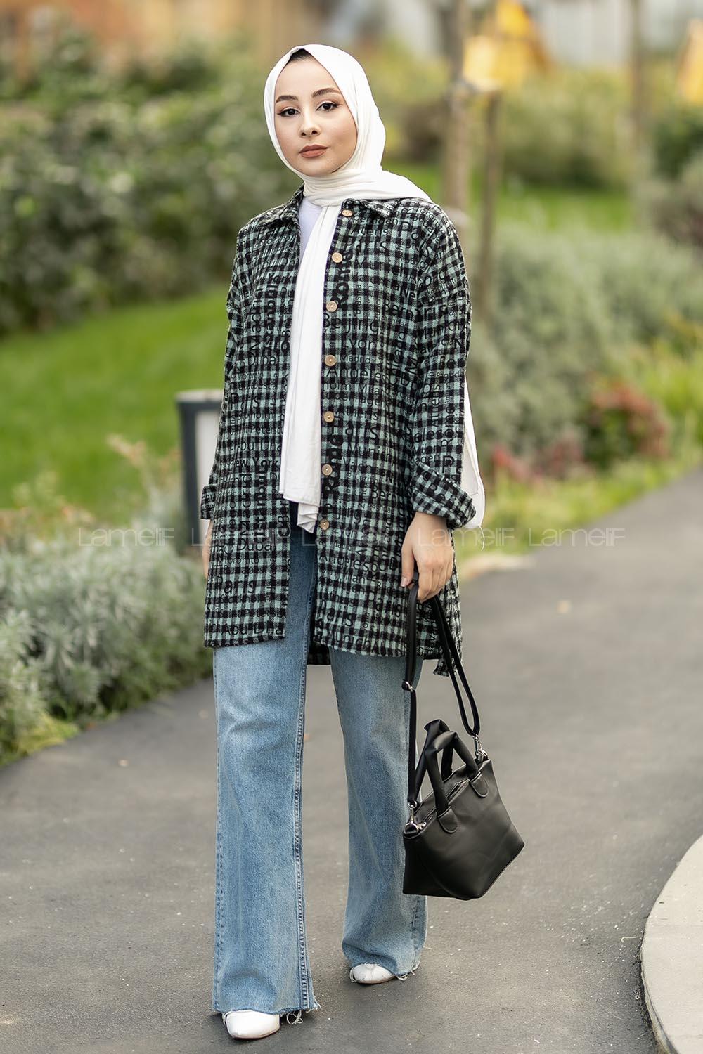 Modalamelif Yazı Baskılı Kare Desenli Gömlek Tunik Çağlayeşili