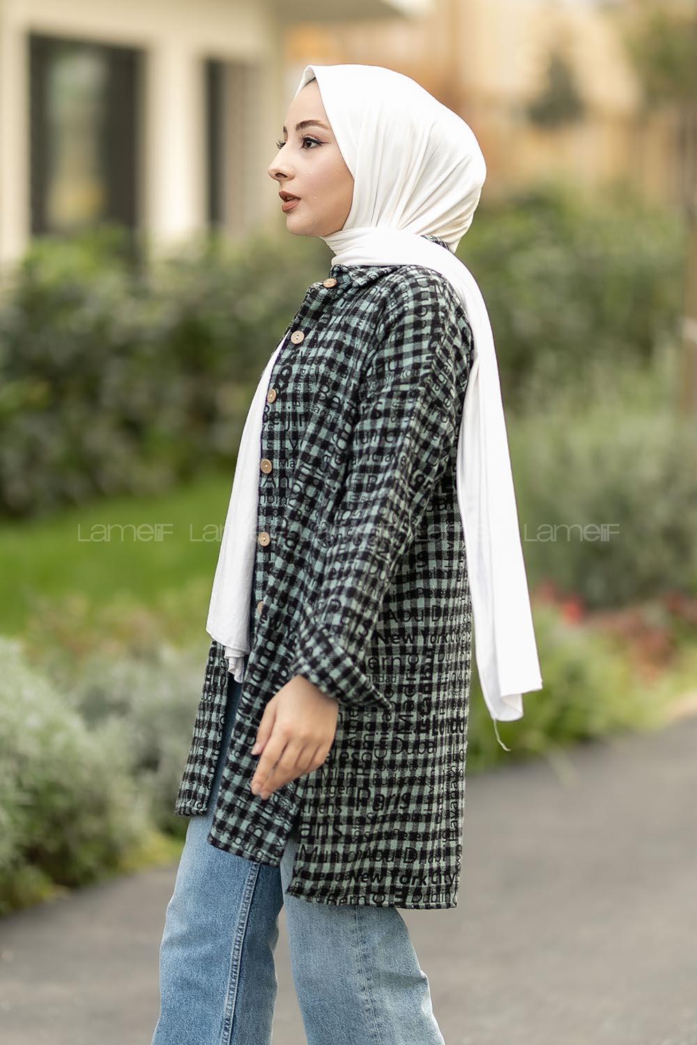 Modalamelif Yazı Baskılı Kare Desenli Gömlek Tunik Çağlayeşili