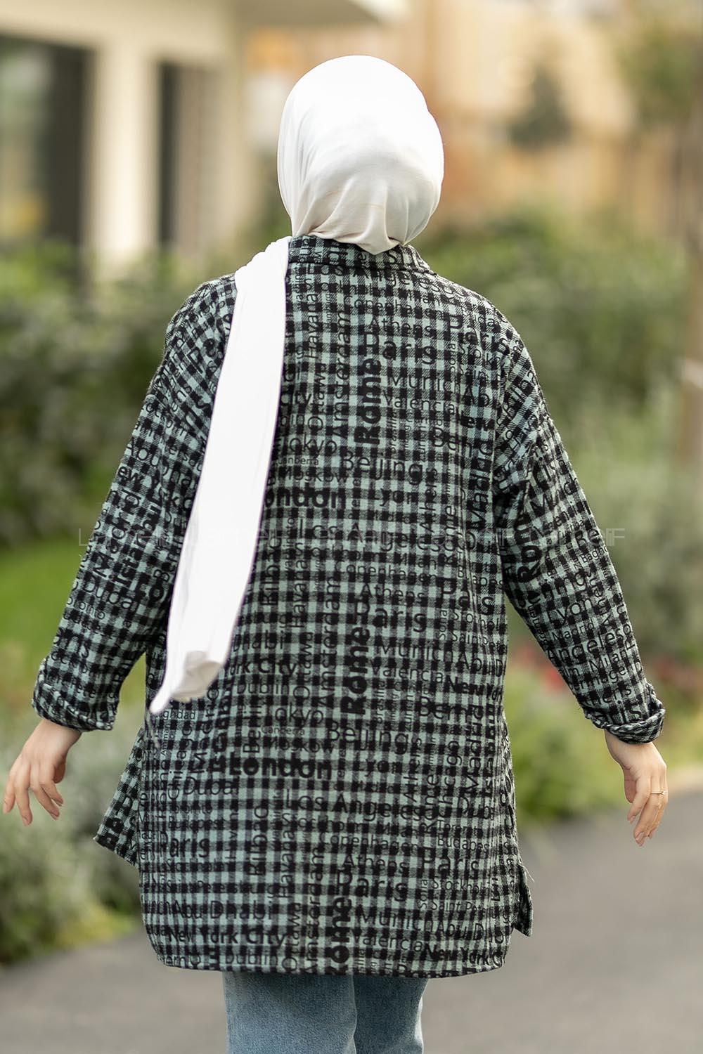 Modalamelif Yazı Baskılı Kare Desenli Gömlek Tunik Çağlayeşili