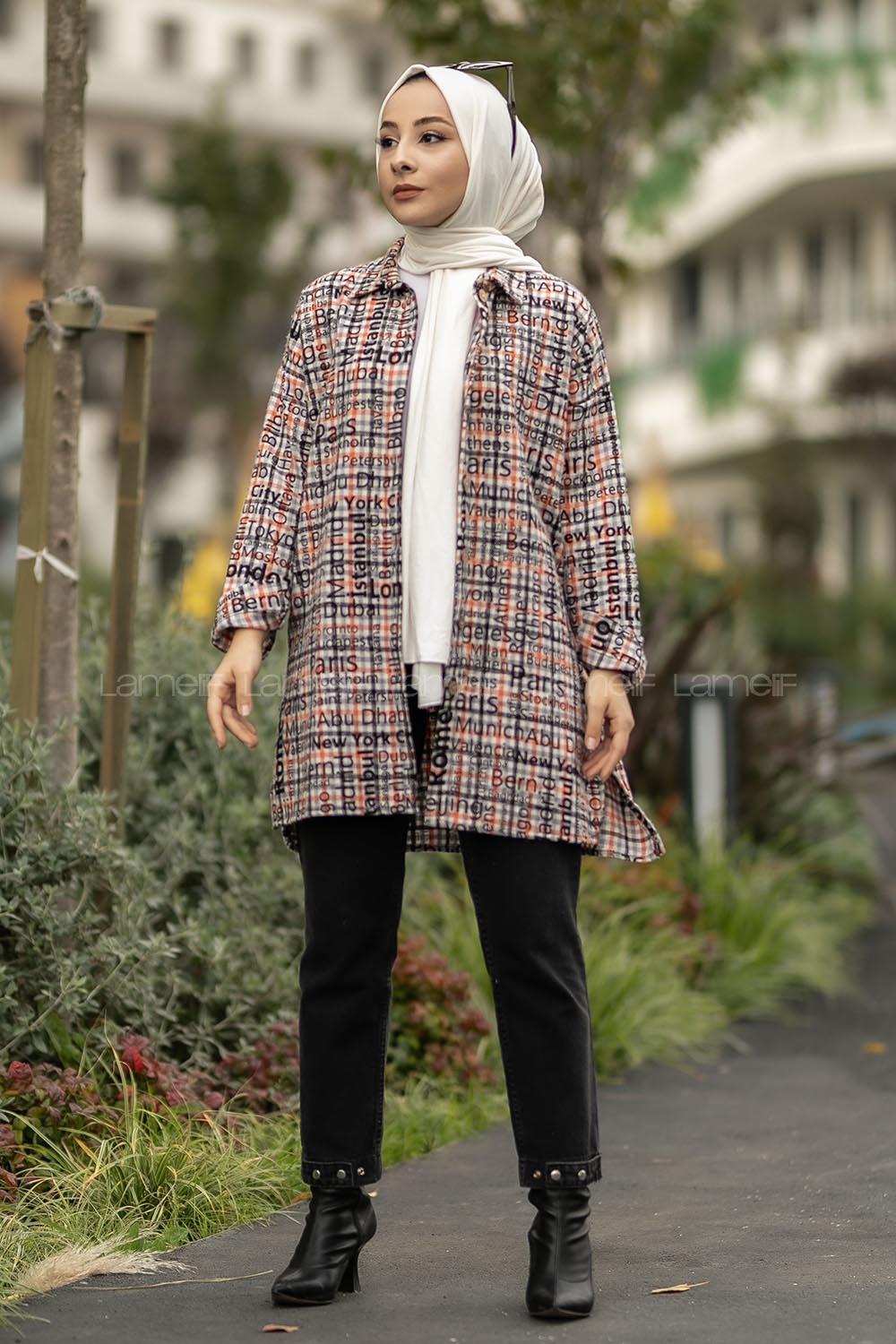 Modalamelif Yazı Baskılı Kare Desenli Gömlek Tunik Oranj