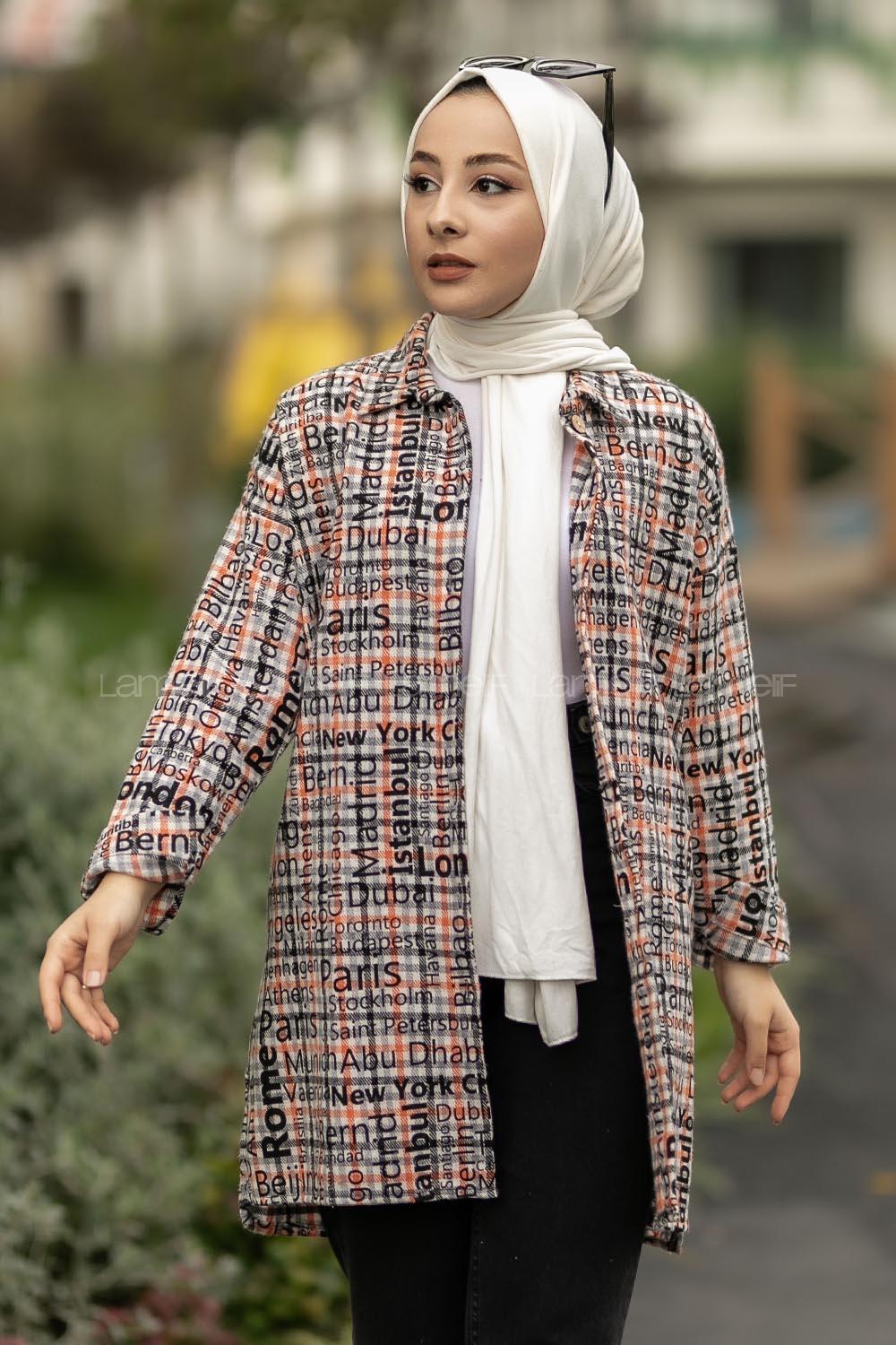 Modalamelif Yazı Baskılı Kare Desenli Gömlek Tunik Oranj