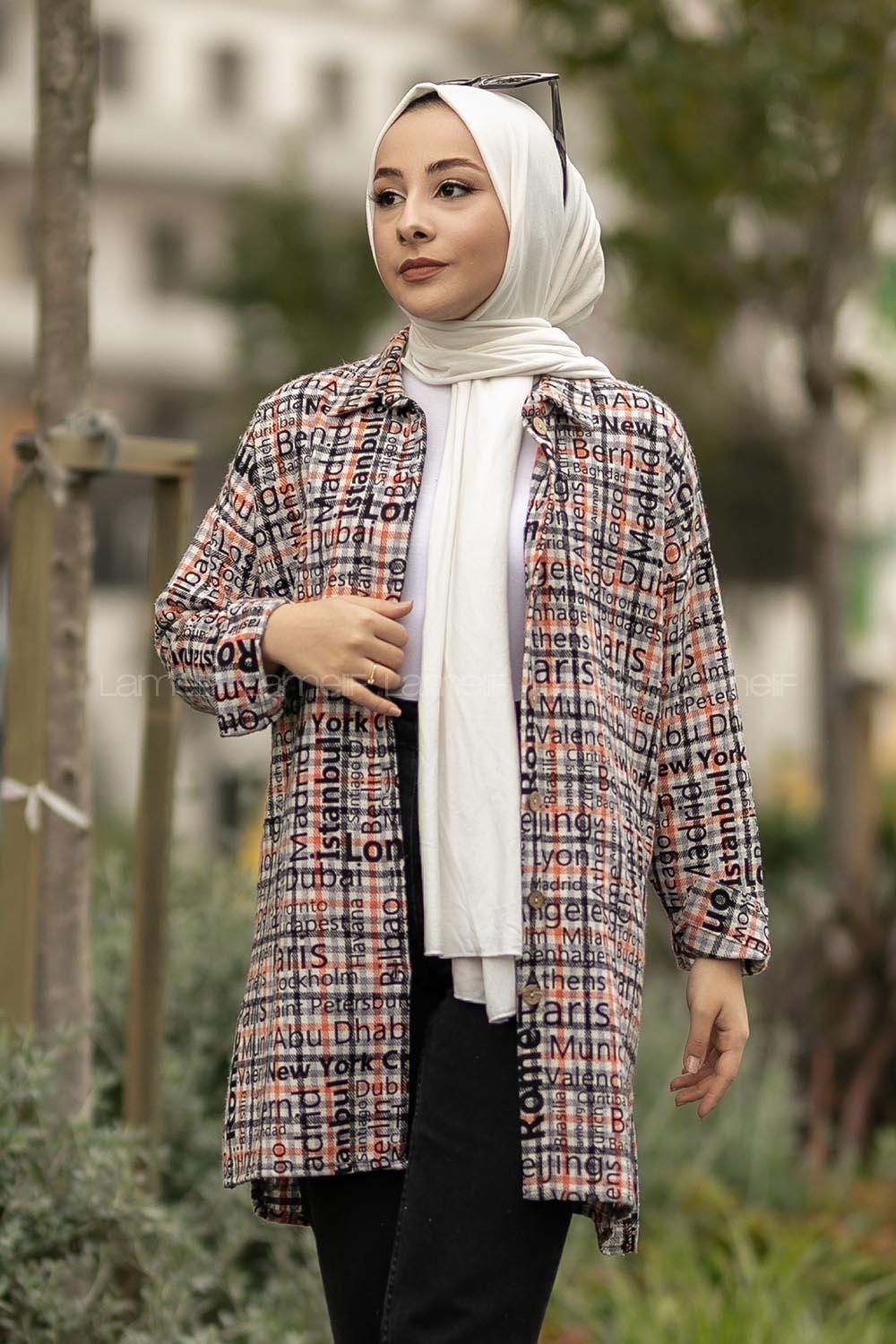 Modalamelif Yazı Baskılı Kare Desenli Gömlek Tunik Oranj