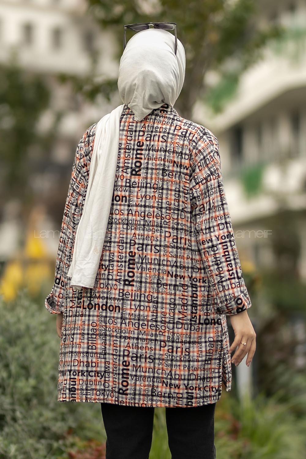 Modalamelif Yazı Baskılı Kare Desenli Gömlek Tunik Oranj