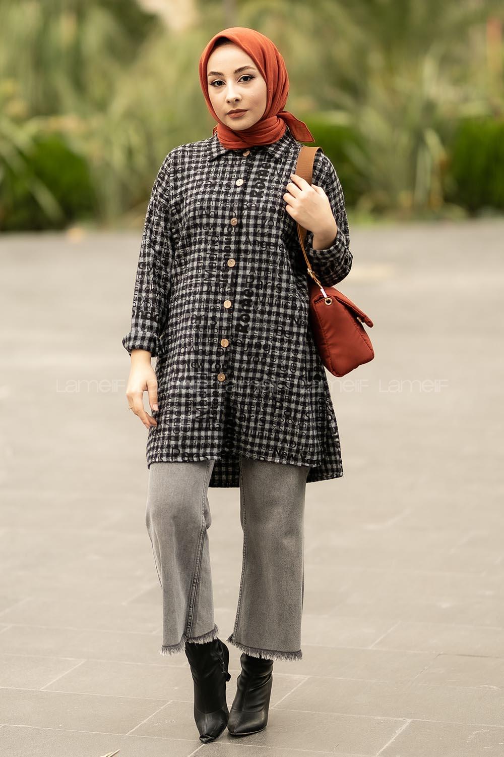 Modalamelif Yazı Baskılı Kare Desenli Gömlek Tunik Siyah