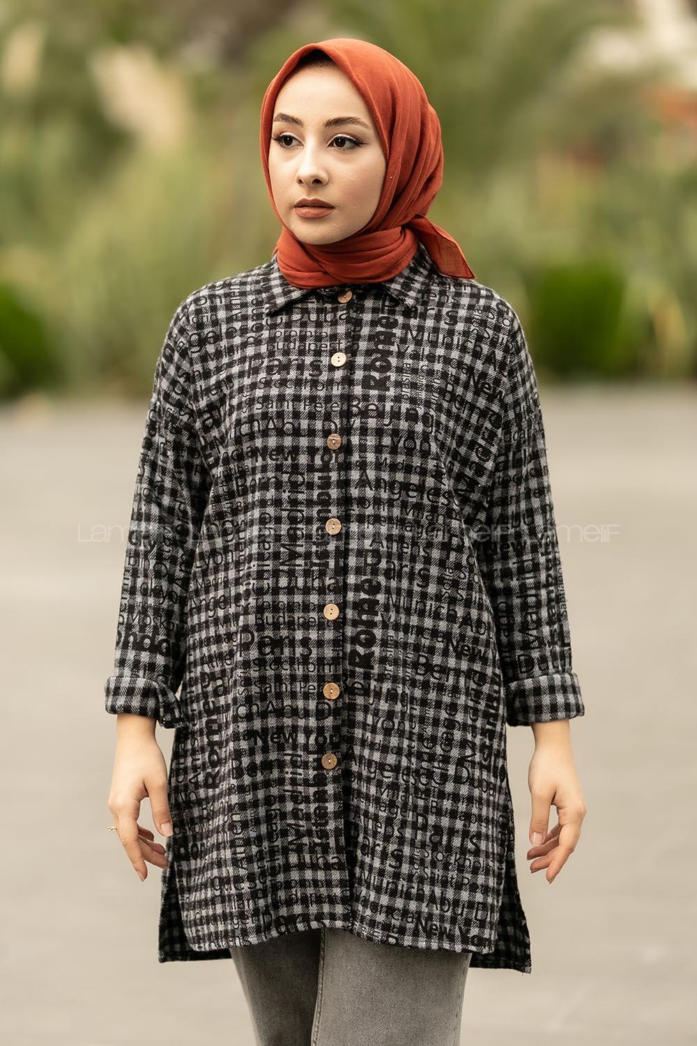 Modalamelif Yazı Baskılı Kare Desenli Gömlek Tunik Siyah
