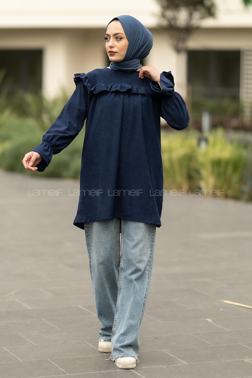 Modalamelif Bisiklet Yaka Önü Fırfır Detaylı Fitlli Tunik Lacivert