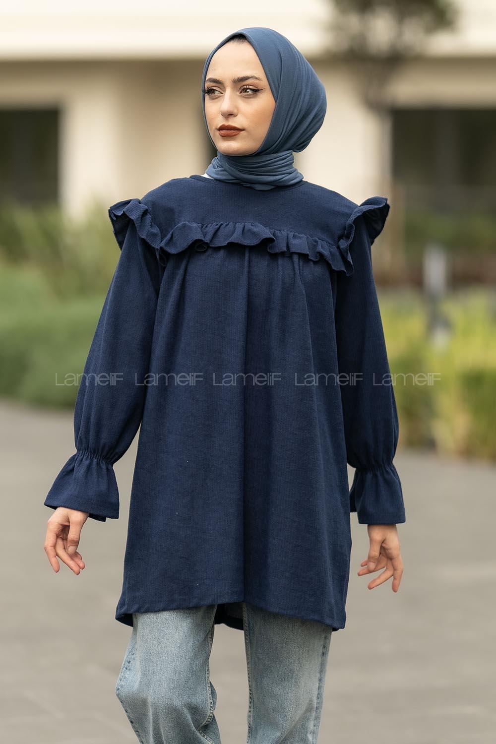 Modalamelif Bisiklet Yaka Önü Fırfır Detaylı Fitlli Tunik Lacivert