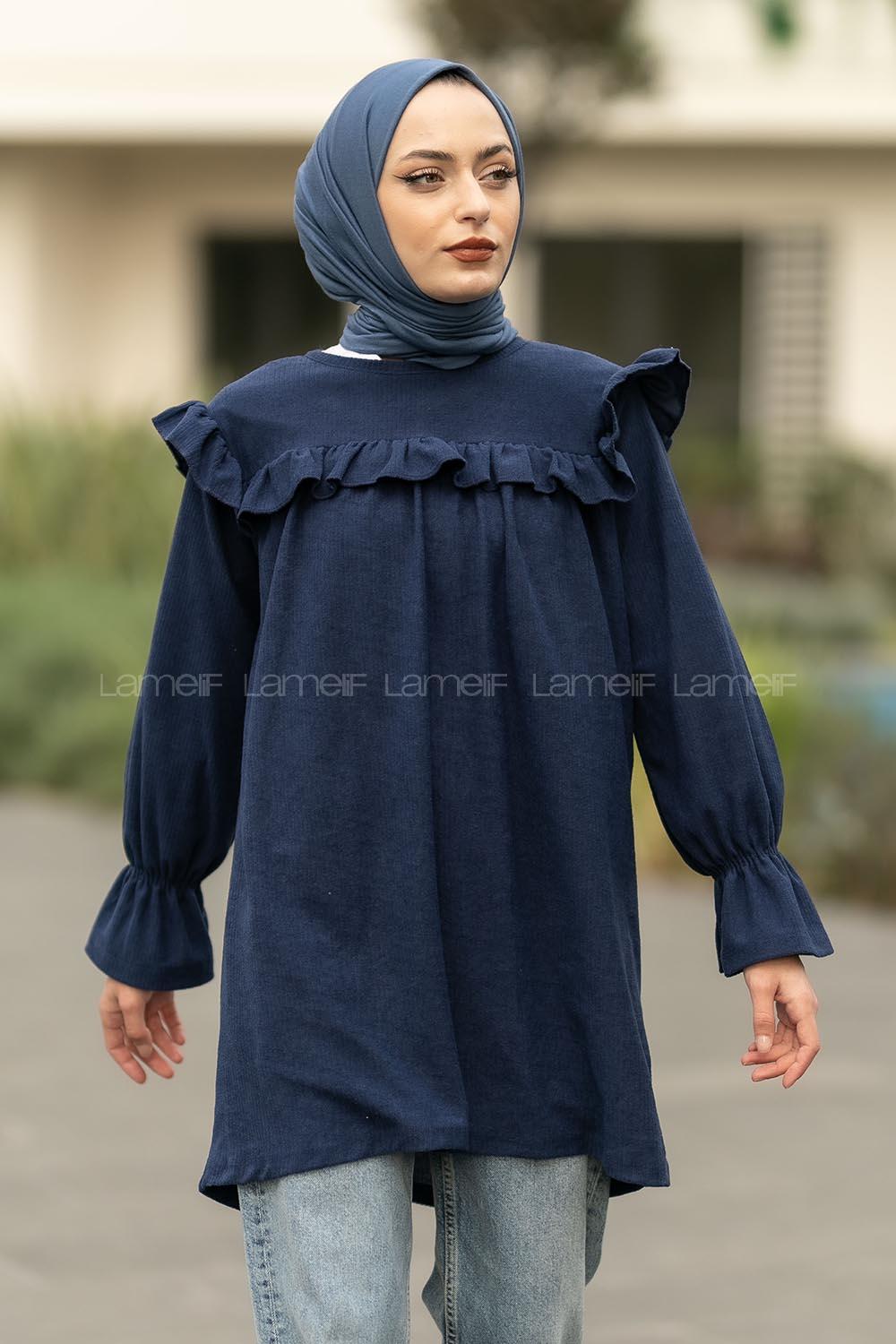 Modalamelif Bisiklet Yaka Önü Fırfır Detaylı Fitlli Tunik Lacivert