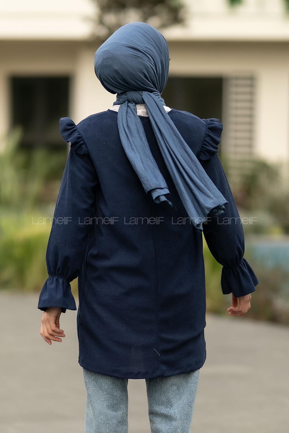 Modalamelif Bisiklet Yaka Önü Fırfır Detaylı Fitlli Tunik Lacivert