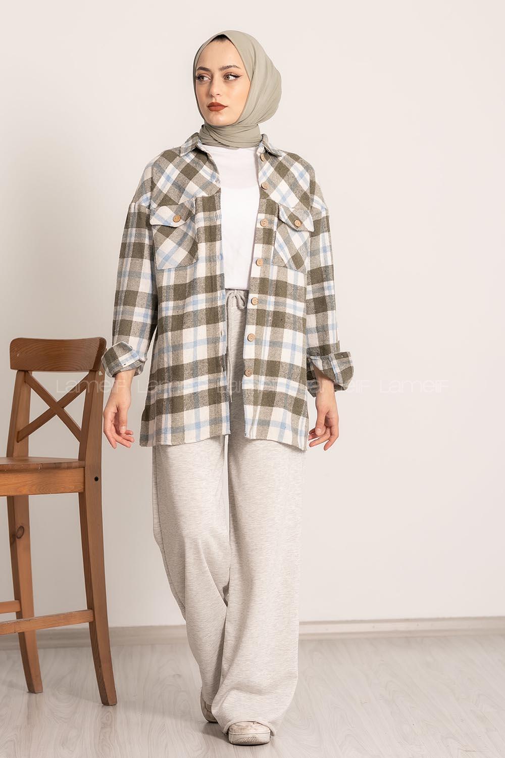 Modalamelif Çift Cepli Ekose Desen Oduncu Gömlek Haki-Mavi