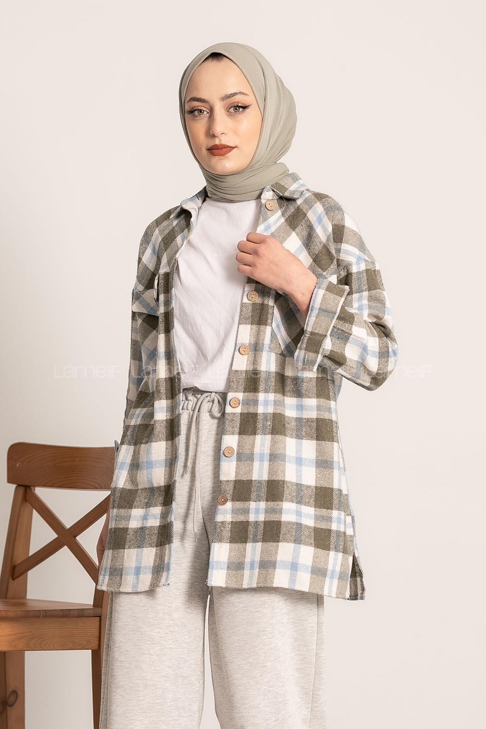 Modalamelif Çift Cepli Ekose Desen Oduncu Gömlek Haki-Mavi