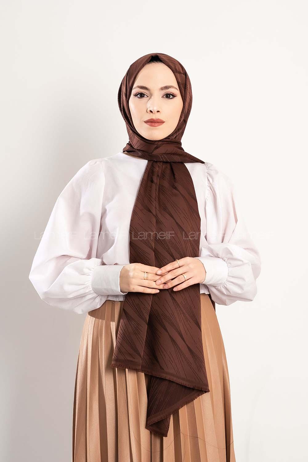 Modalamelif Çizgisel desenli  İpeksi Jakarlı Şal Acı Kahve