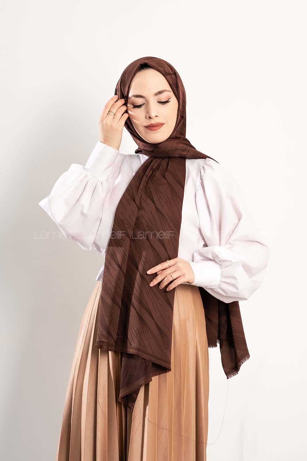 Modalamelif Çizgisel desenli  İpeksi Jakarlı Şal Acı Kahve