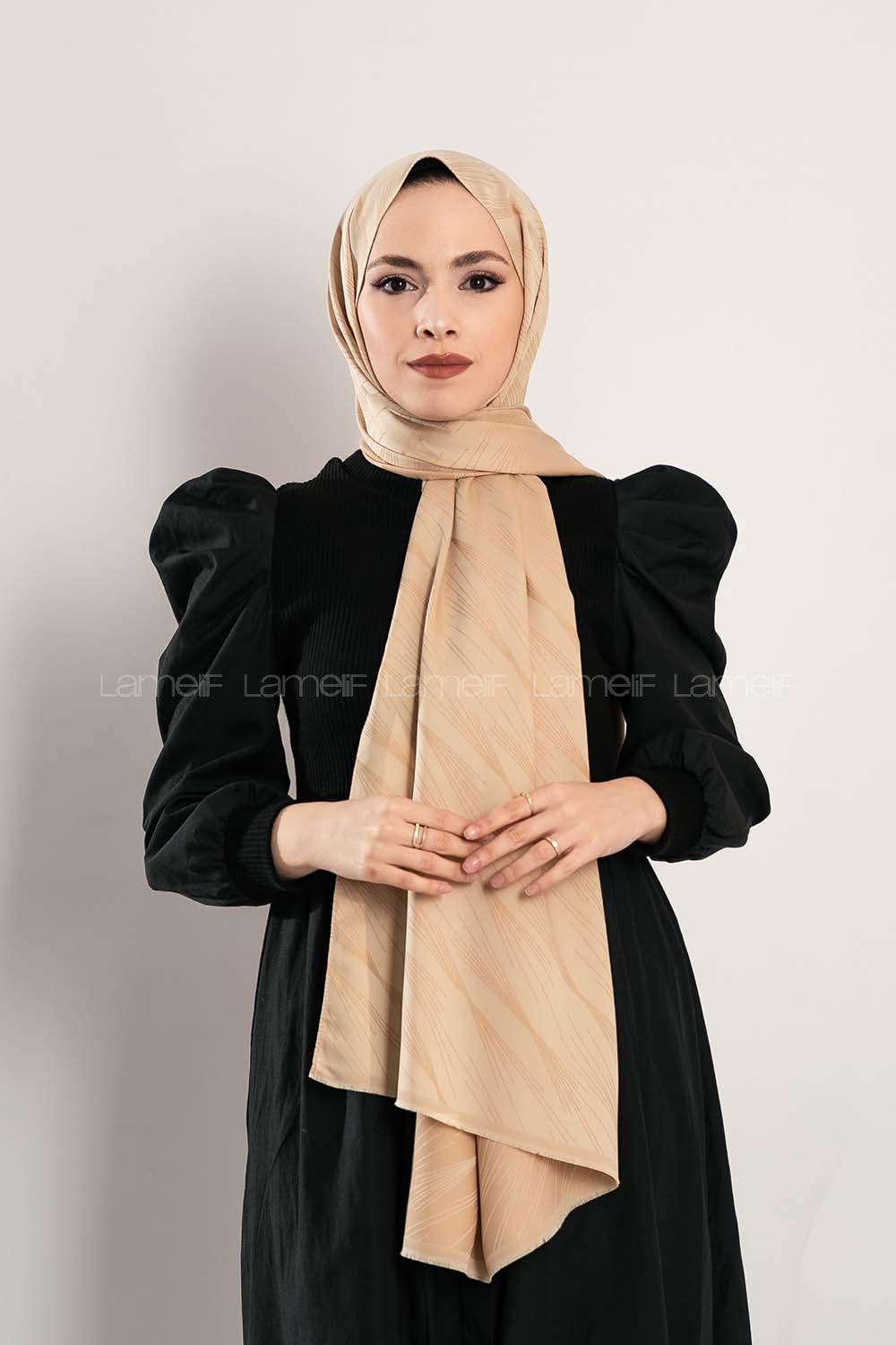 Modalamelif Çizgisel desenli  İpeksi Jakarlı Şal Bej
