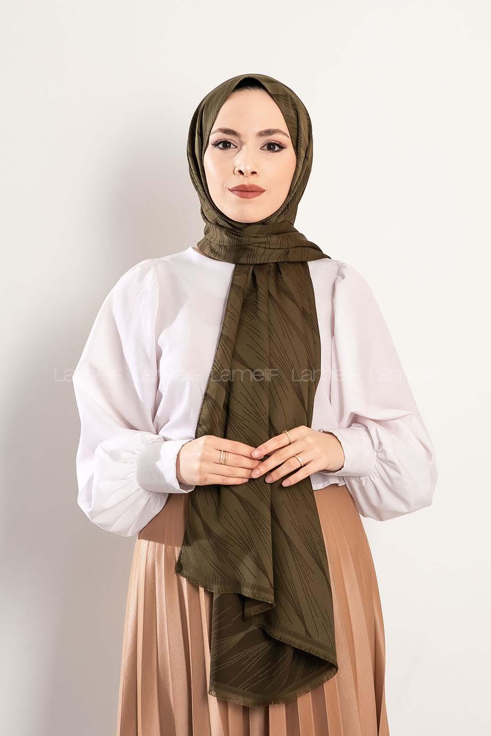 Modalamelif Çizgisel desenli  İpeksi Jakarlı Şal Haki