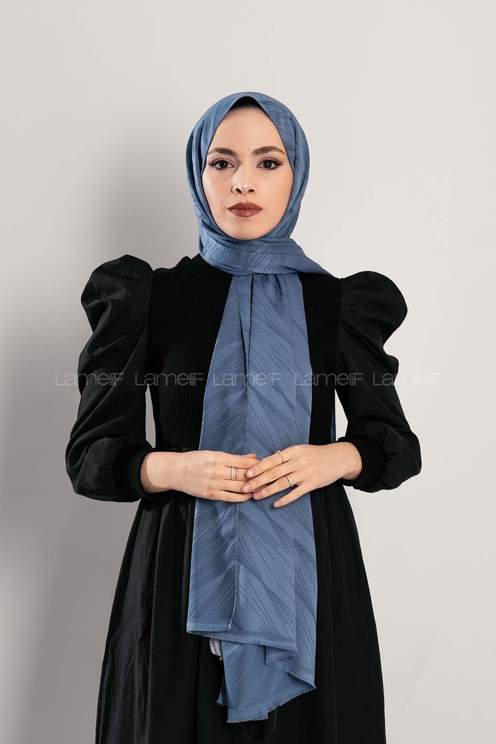 Modalamelif Çizgisel desenli  İpeksi Jakarlı Şal İndigo