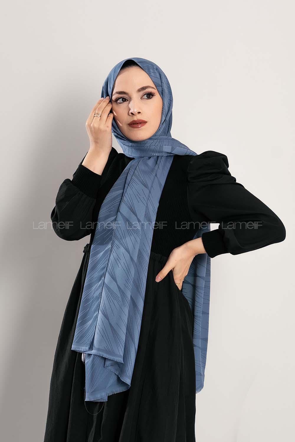 Modalamelif Çizgisel desenli  İpeksi Jakarlı Şal İndigo